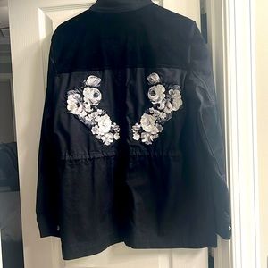 Gap lightweight jacket with embroidered flowers and black velvet accents.